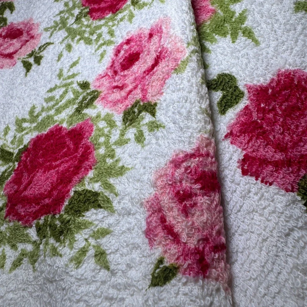 Vintage Cannon Cotton Bath Hand Towel Washcloth Set Pink Rose Floral Fringe USA
